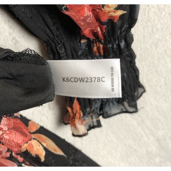 BISHOP + YOUNG Maxi Dress Sz M Floral Chiffon Smocked Waist Cuffs Lined Tie Neck - Picture 6 of 16